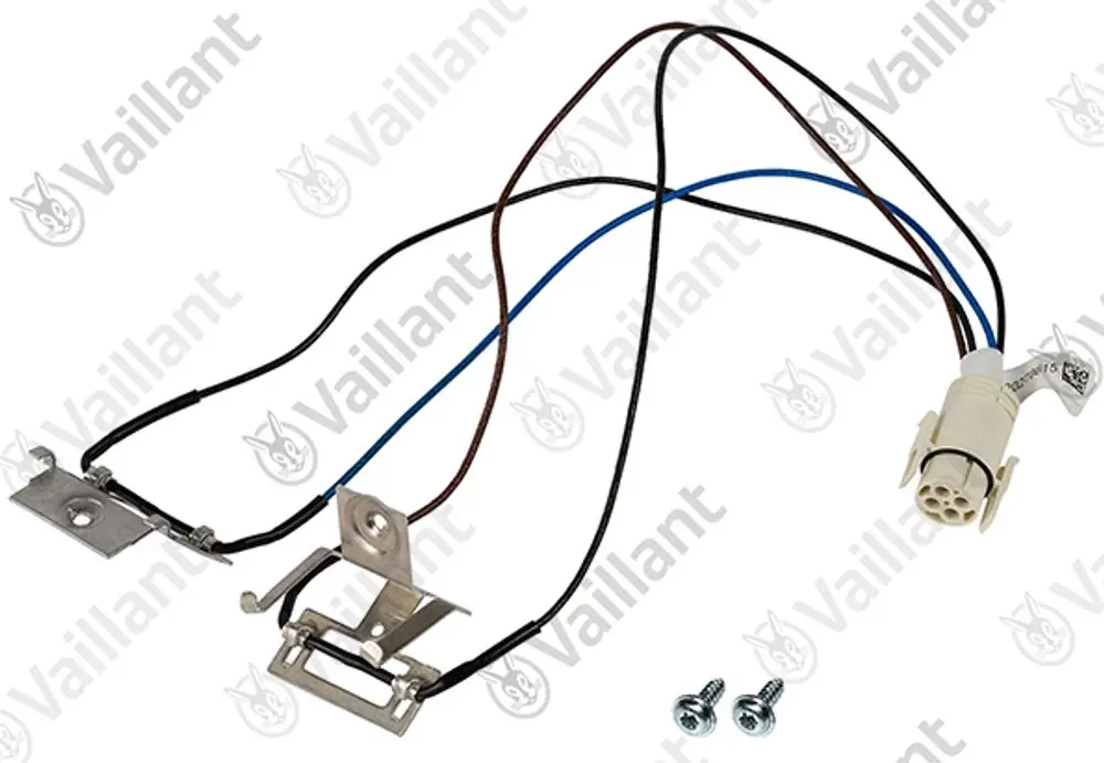 Vaillant Abgassensor mit zwei Metallhaltern, drei Kabeln in verschiedenen Farben und einem mehrpoligen Stecker, beiliegende Schrauben sichtbar.